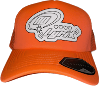 an orange trucker hat with a white logo on it