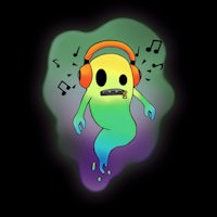 a cartoon ghost with headphones and music notes