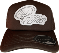 a brown trucker hat with a white logo on it