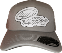 a grey trucker hat with the word lyrik on it