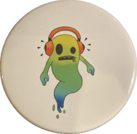 a ghost with headphones on a white button